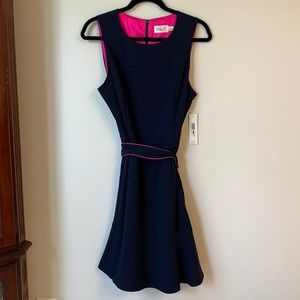 Eliza J. navy blue dress, fuchsia accents.